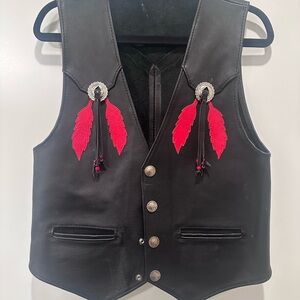 Vintage Hand-made Black Leather Vest with Red and Silver Accents